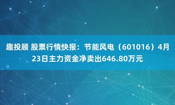趣投顾 股票行情快报：节能风电（601016）4月23日主力资金净卖出646.80万元